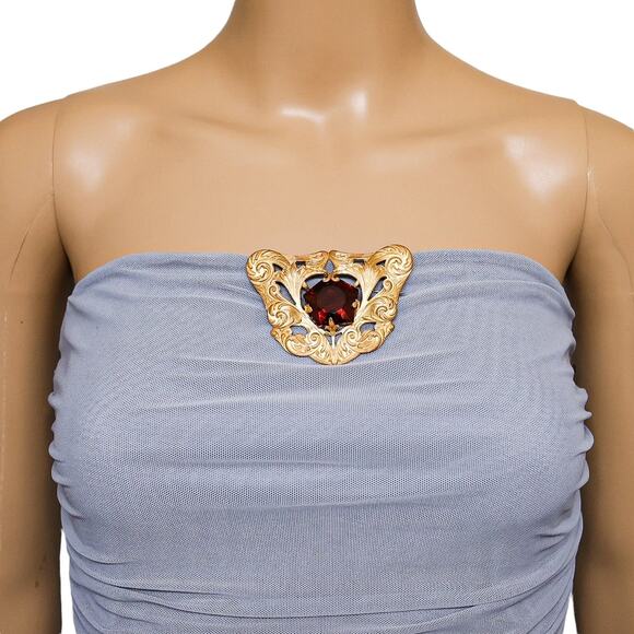 Antique Art Nouveau Gold Wash Brooch with Large Amber Glass Stone - Picture 2 of 9